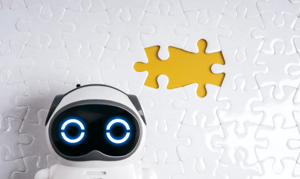 Digital assistant and puzzle pieces representing customer support