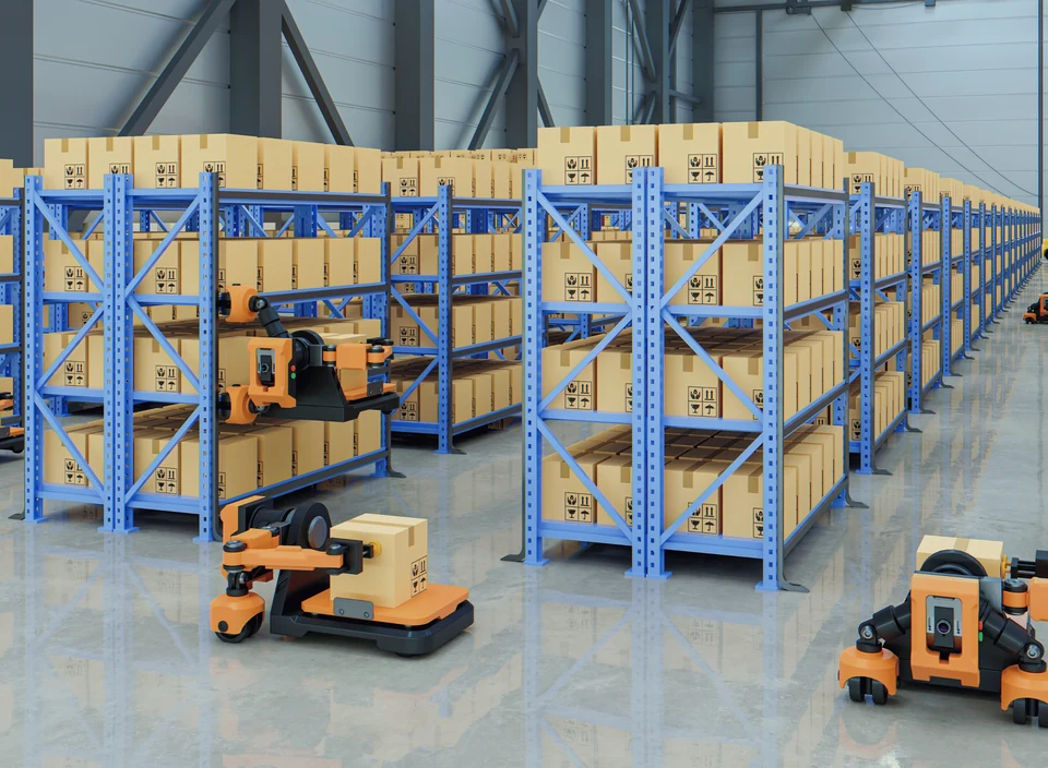 Warehouse racking and mobile robots moving goods