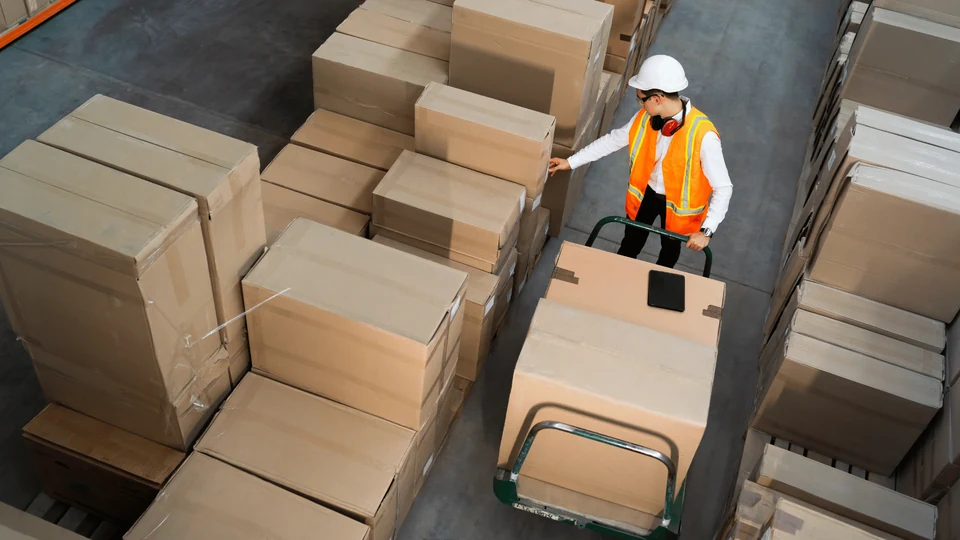 Warehouse colleague moving a trolley of cartons