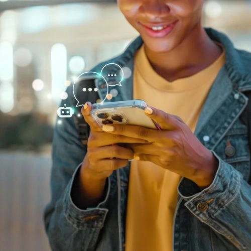 Customer using a smartphone with digital assistant features