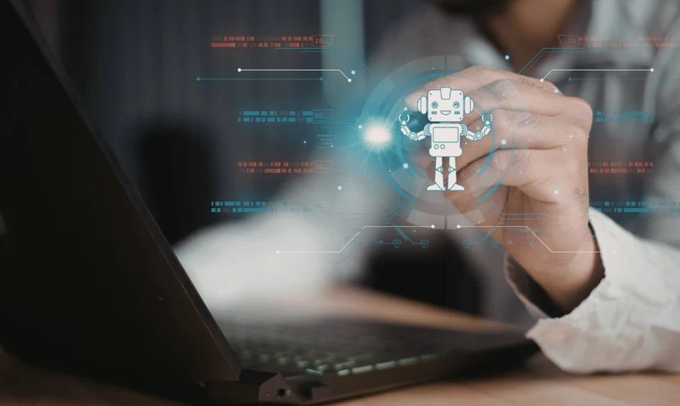 Digital assistant features displayed above a laptop